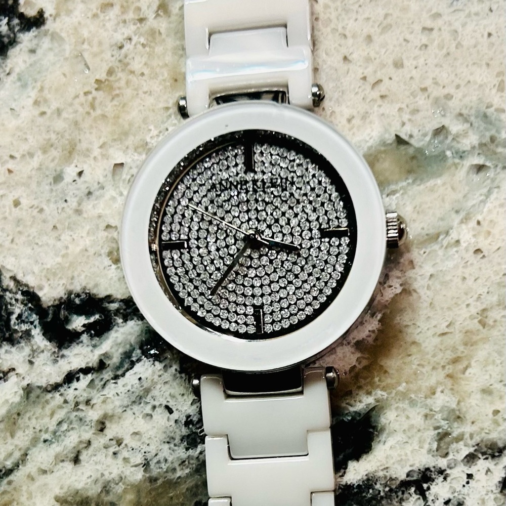 Anne Klein ceramic band, pave’ face jewelry clasp watch.